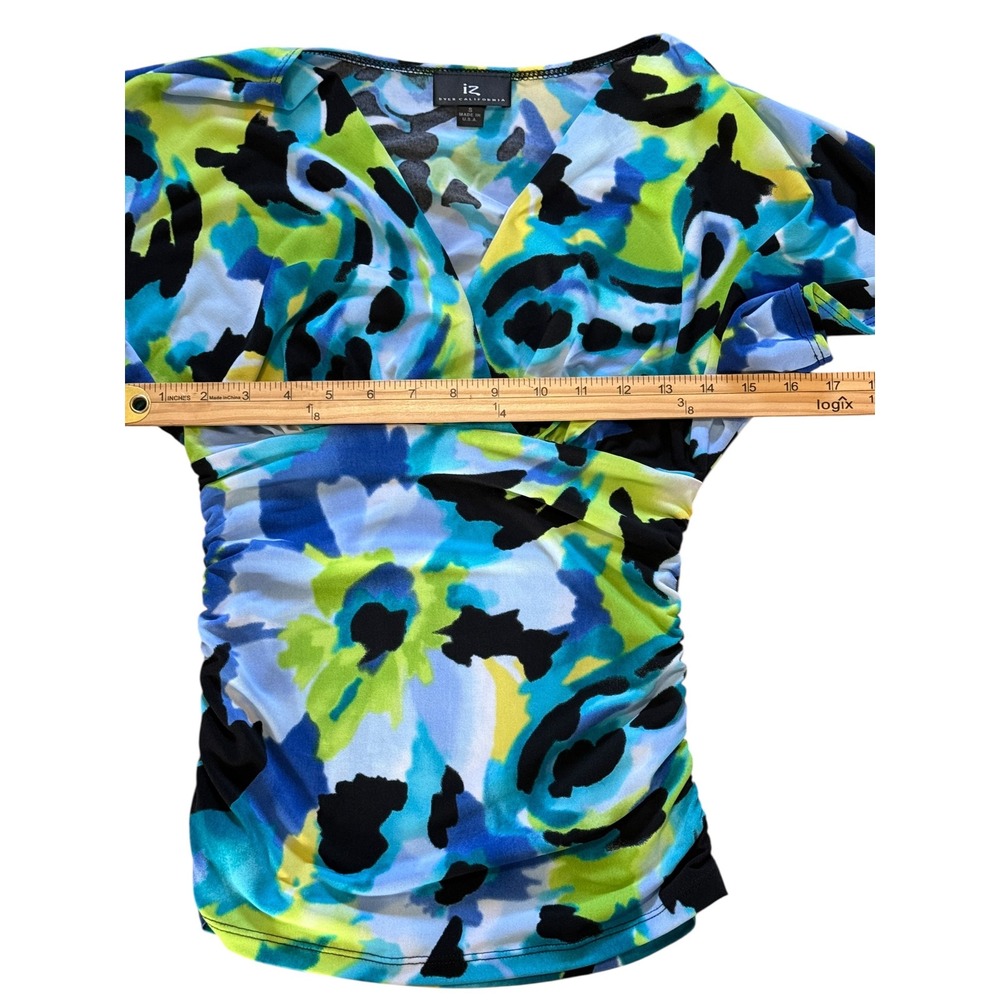 iz Byer California Womens Small Blue Green Abstract Floral Surplice Ruched Top - Picture 4 of 8